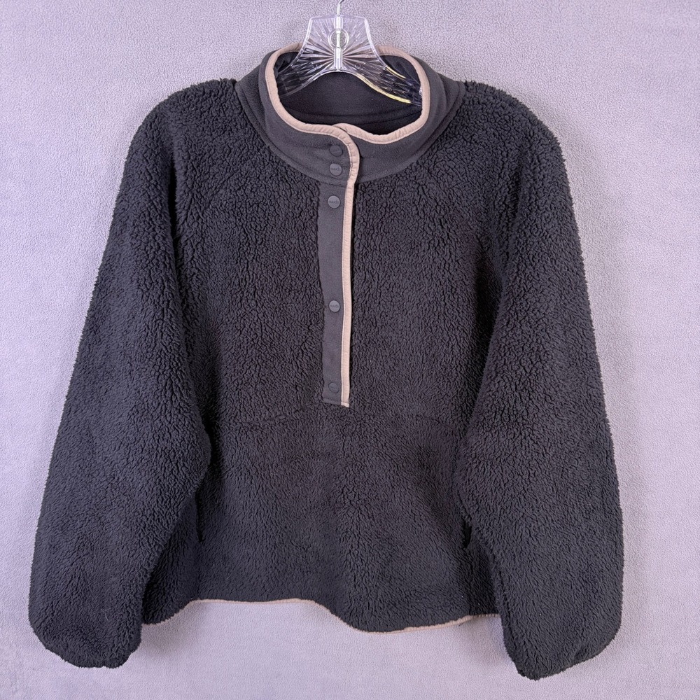 nuuds Fleece Pullover Women XL Charcoal Grey Sherpa Snap Neck Cozy Warm Winter